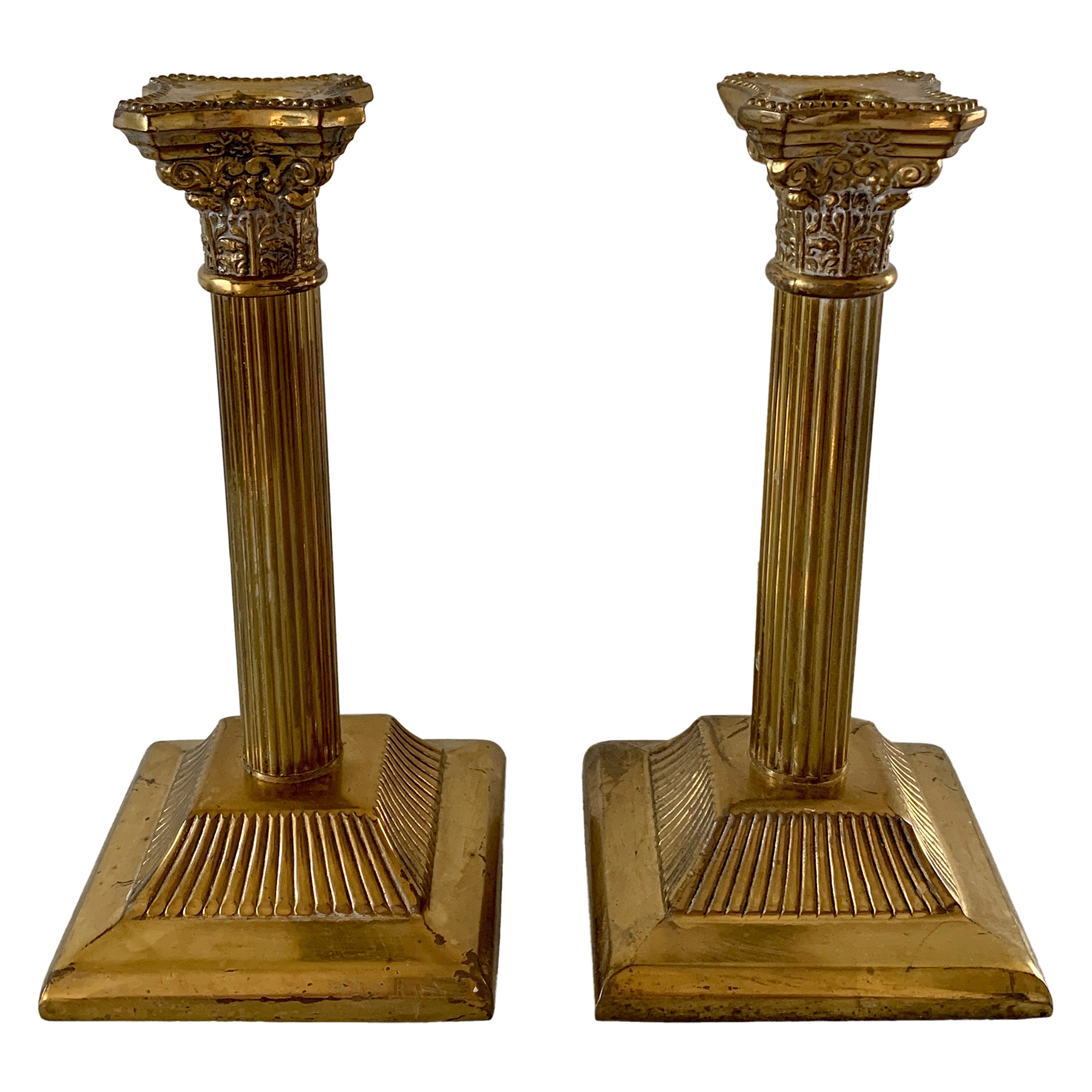 Neoclassical Brass Corinthian Column Candlesticks, Pair