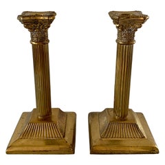 Neoclassical Brass Corinthian Column Candlesticks, Pair