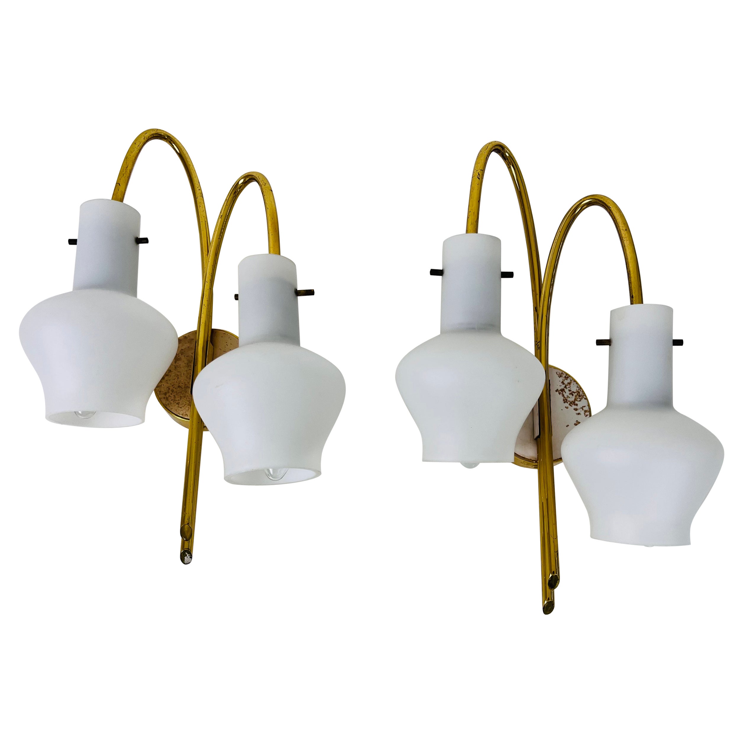 Pair of Mid-Century Brass and Opaline Glass Wall Lamps, Italy, 1960s