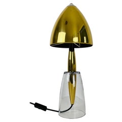 Retro Mid Century Solid Glass and Brass Shade Table Lamp, 1960s