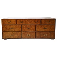 1970s John Widdicomb Burlwood Modern Campaign Style Credenza / Chest of Drawers