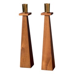 Mid-Century Modern Pair of Sculptural Walnut and Brass Candlestick Holders