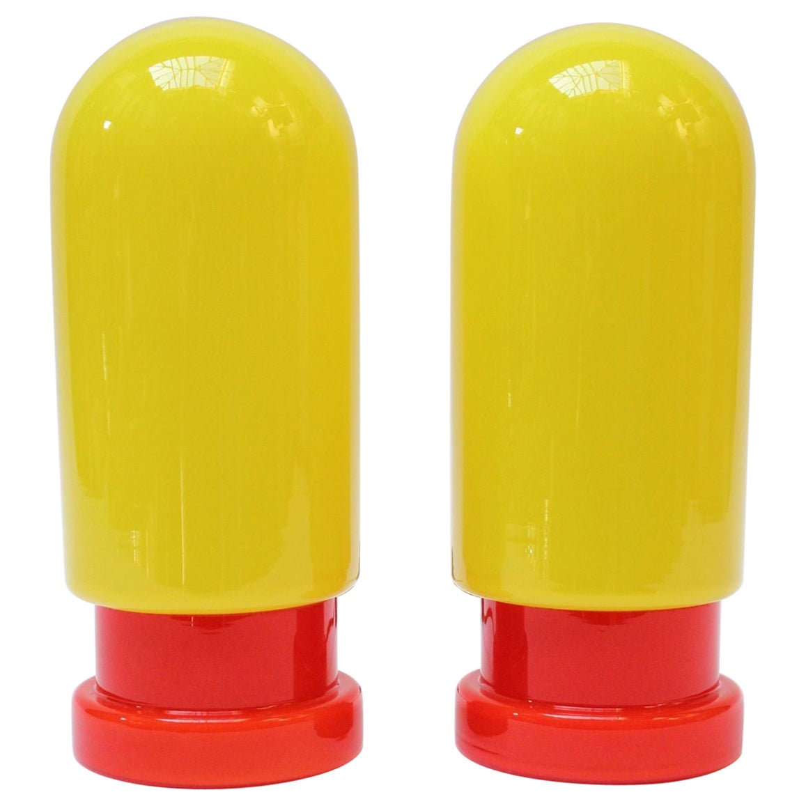 Pair of Swedish Modern "Capsule" Art Glass Table Lamps in Yellow and Red For Sale