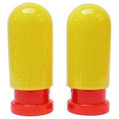 Pair of Swedish Modern "Capsule" Art Glass Table Lamps in Yellow and Red