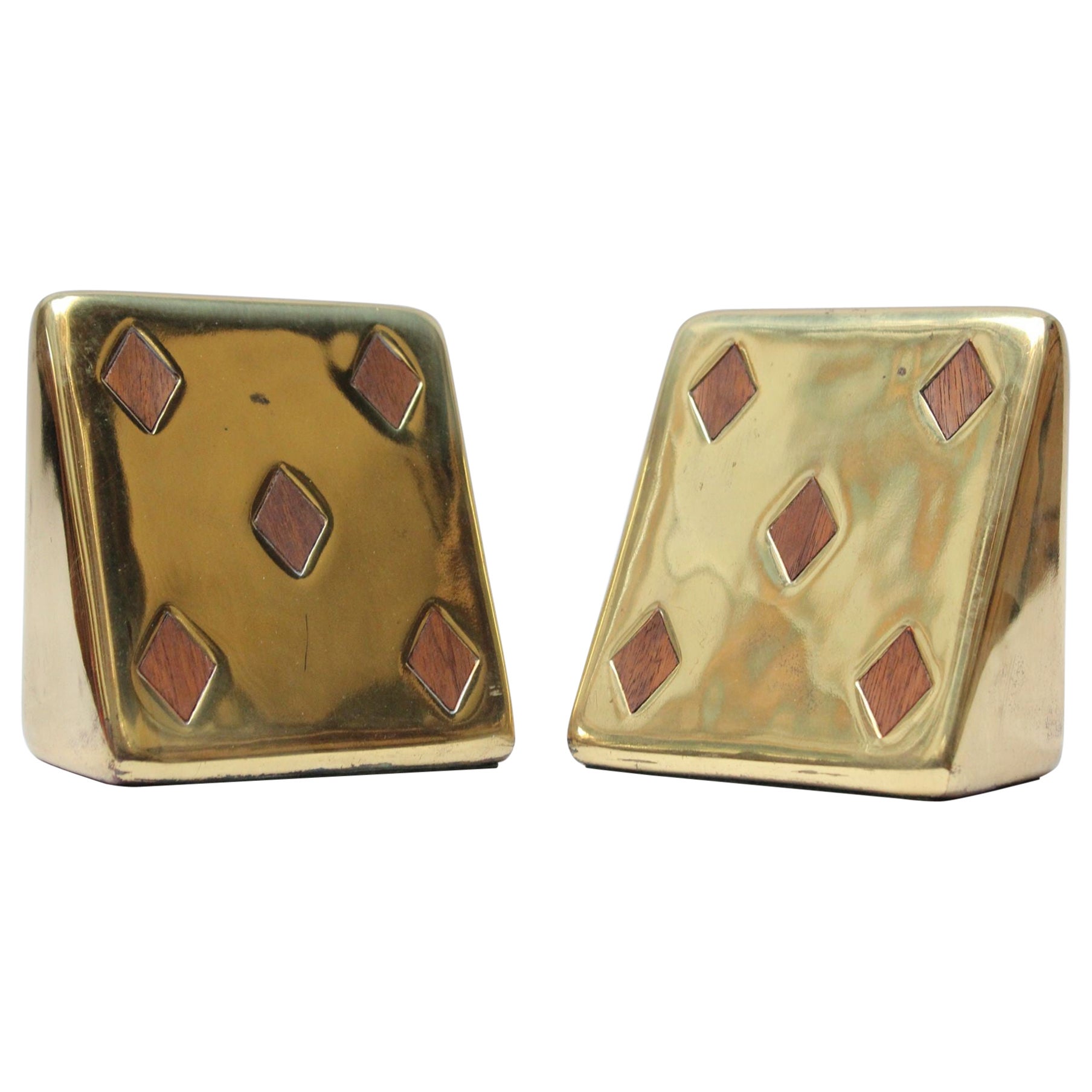 Ben Seibel for Jenfred Ware Bookends in Brass and Walnut "Diamond"