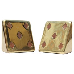 Vintage Ben Seibel for Jenfred Ware Bookends in Brass and Walnut "Diamond"