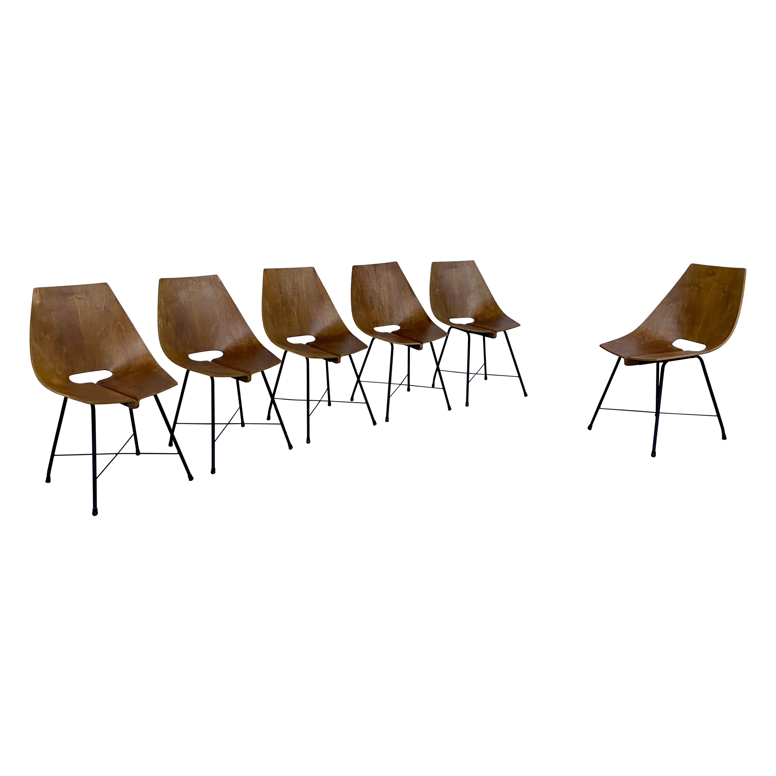 Set of 6 Dining Room Chairs by Carlo Ratti in Bended Wood and Metal, Italy, 1954 For Sale