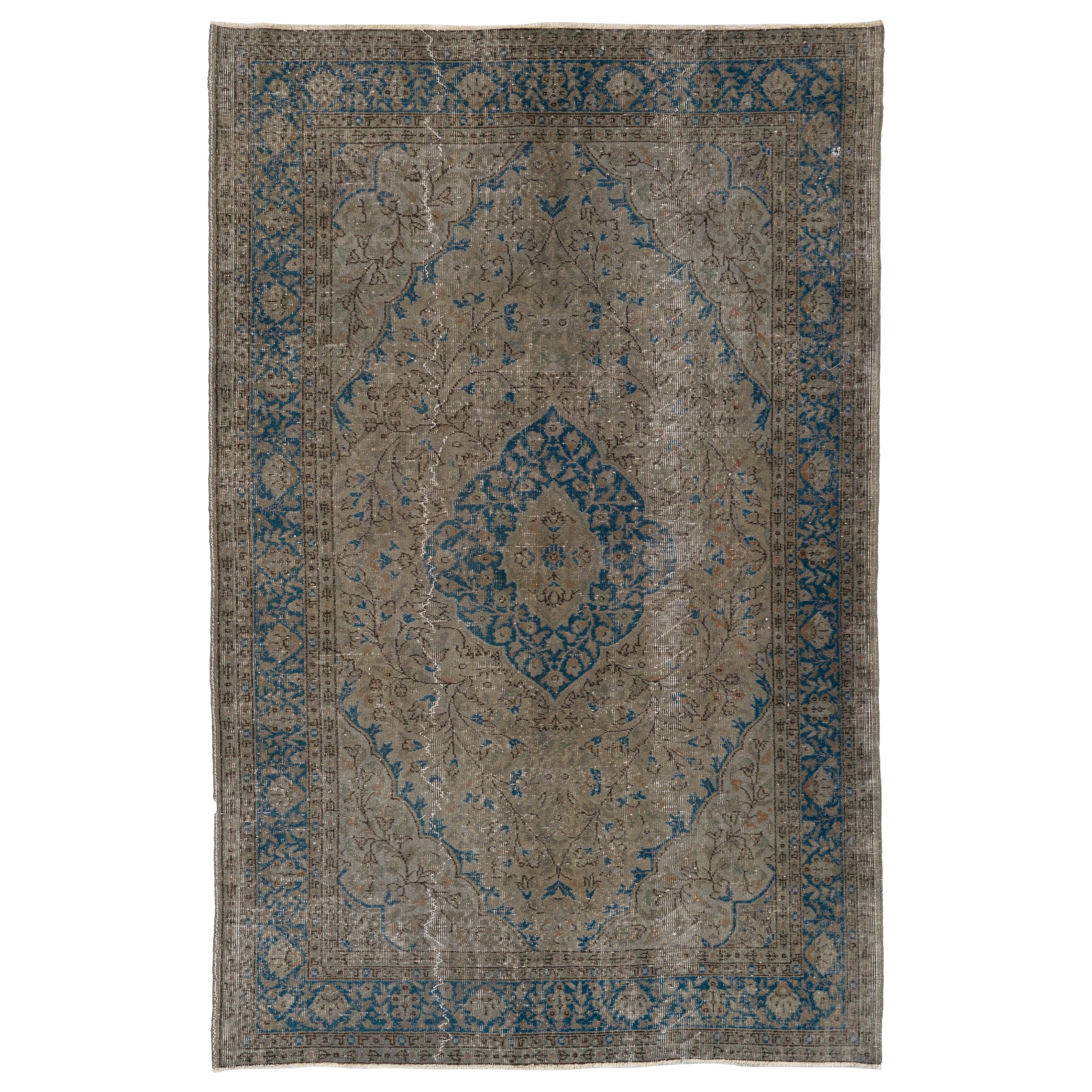 6x9 Ft One-of-a-Kind Vintage Handmade Turkish Wool Area Rug in Brown and Blue