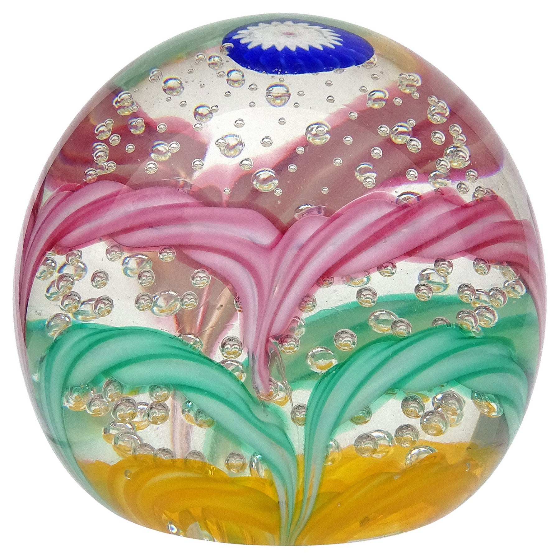 Fratelli Toso Murano Pink Green Yellow Blue Italian Art Glass Crown Paperweight