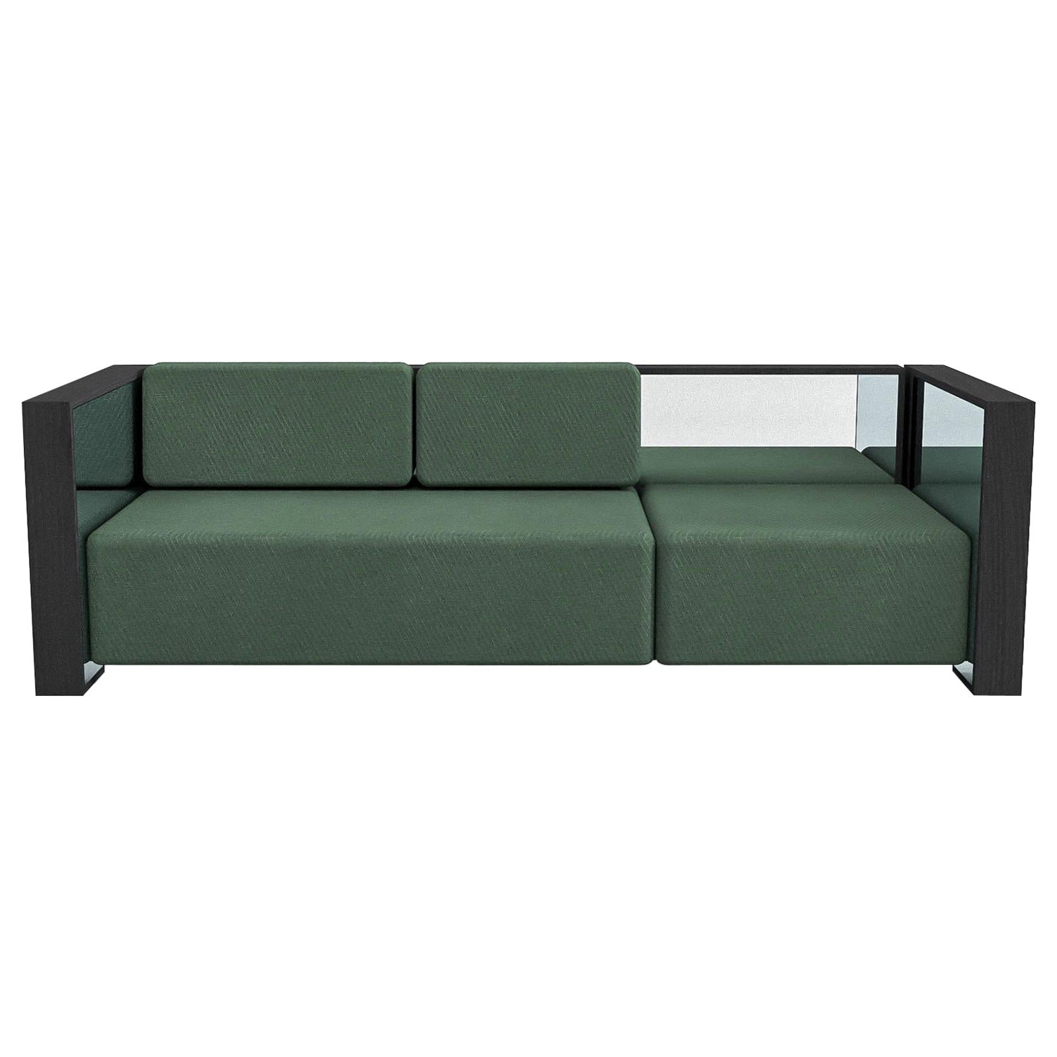 Barh Sofa in Black Ash Wood, Polished Stainless Steel and Green Upholstery For Sale