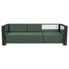 Barh-Sofa aus schwarzem Eschenholz, poliertem Edelstahl und grüner Polsterung