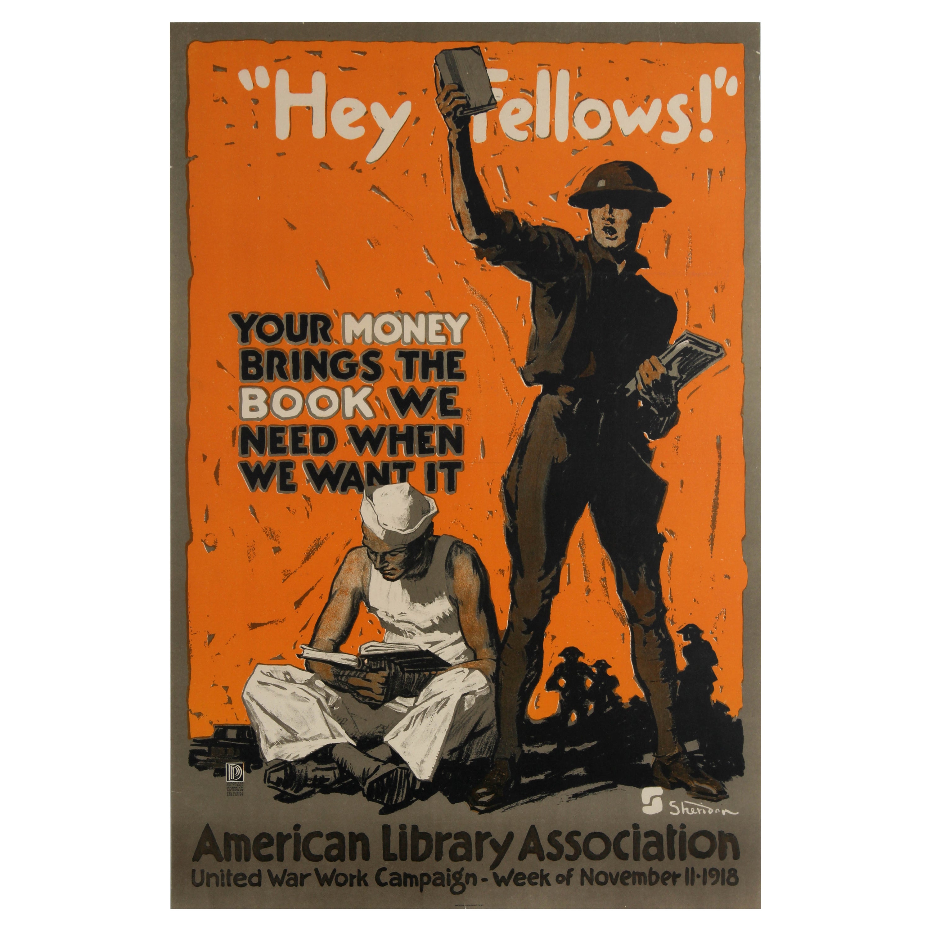 Original Vintage World War One Poster Hey Fellows WWI USA Books Soldier Design