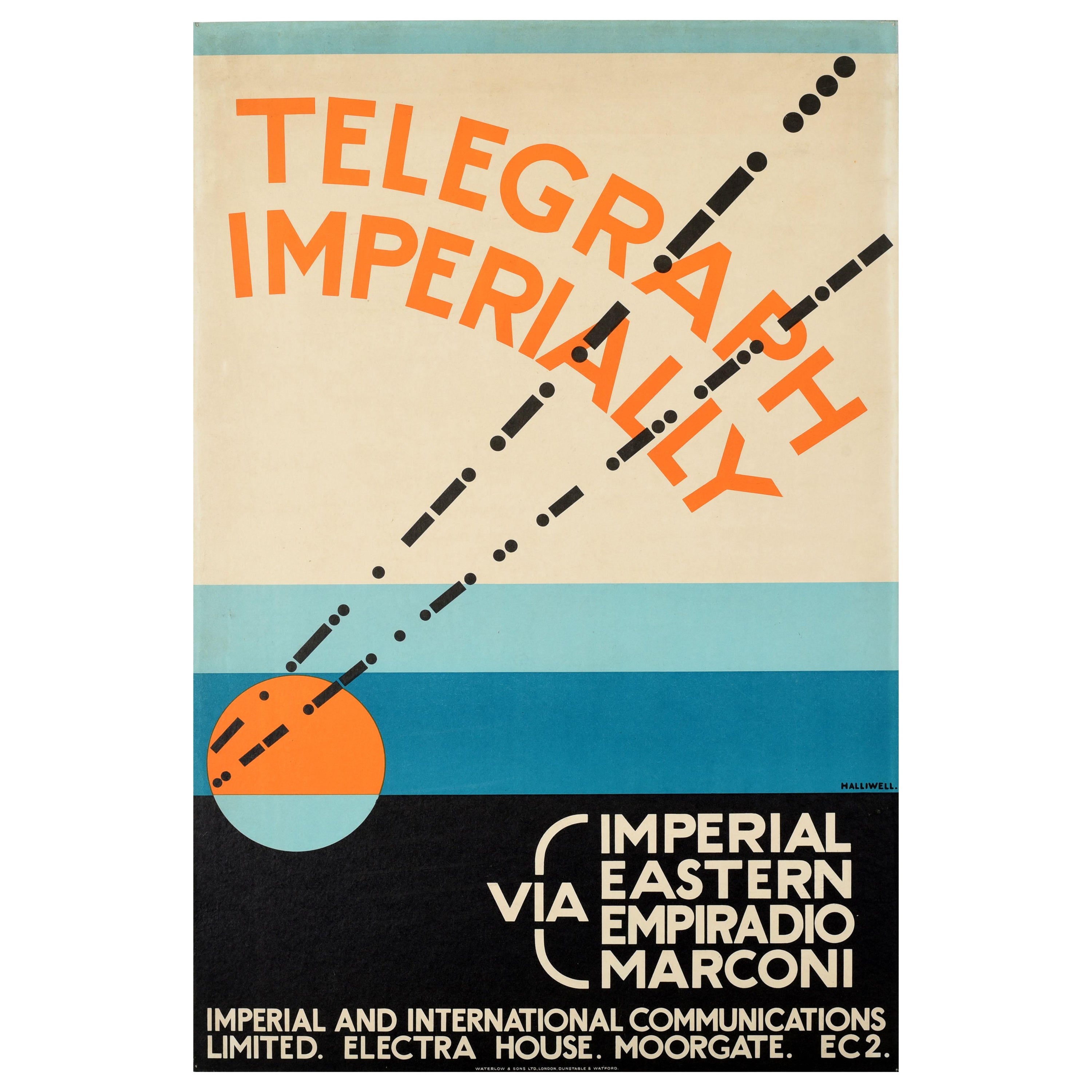 Original Vintage Advertising Poster Telegraph Imperially Marconi Art Deco Design For Sale
