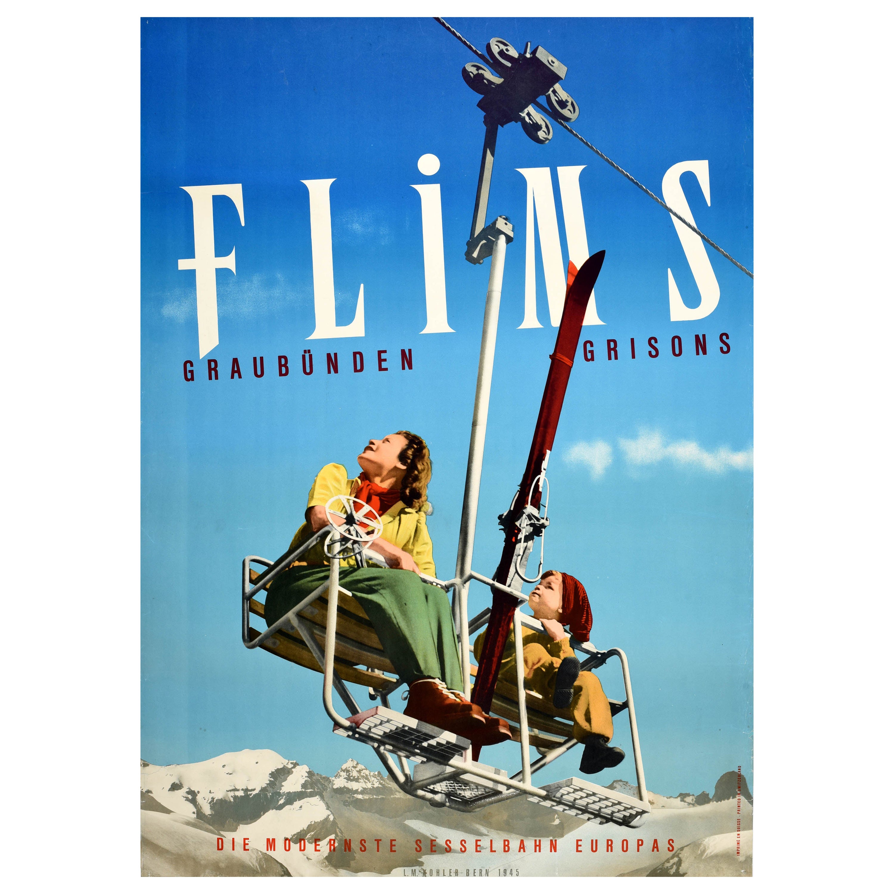 Original Vintage Winter Travel Ski Poster Flims Graubunden Grisons Switzerland For Sale
