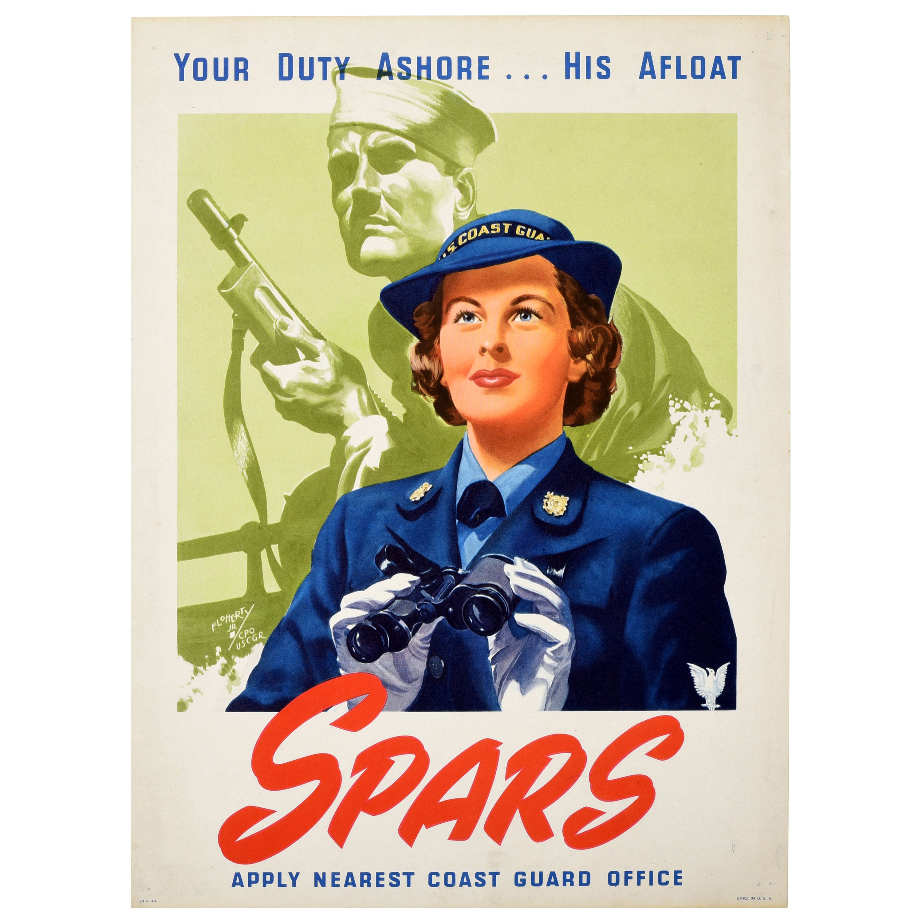 Poster di reclutamento originale della seconda guerra mondiale SPARS Your Duty Ashore US Coast Guard in vendita