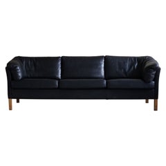 Classic Danish Mid Century Three Seater Sofa in Black Leather, Made in 1970s