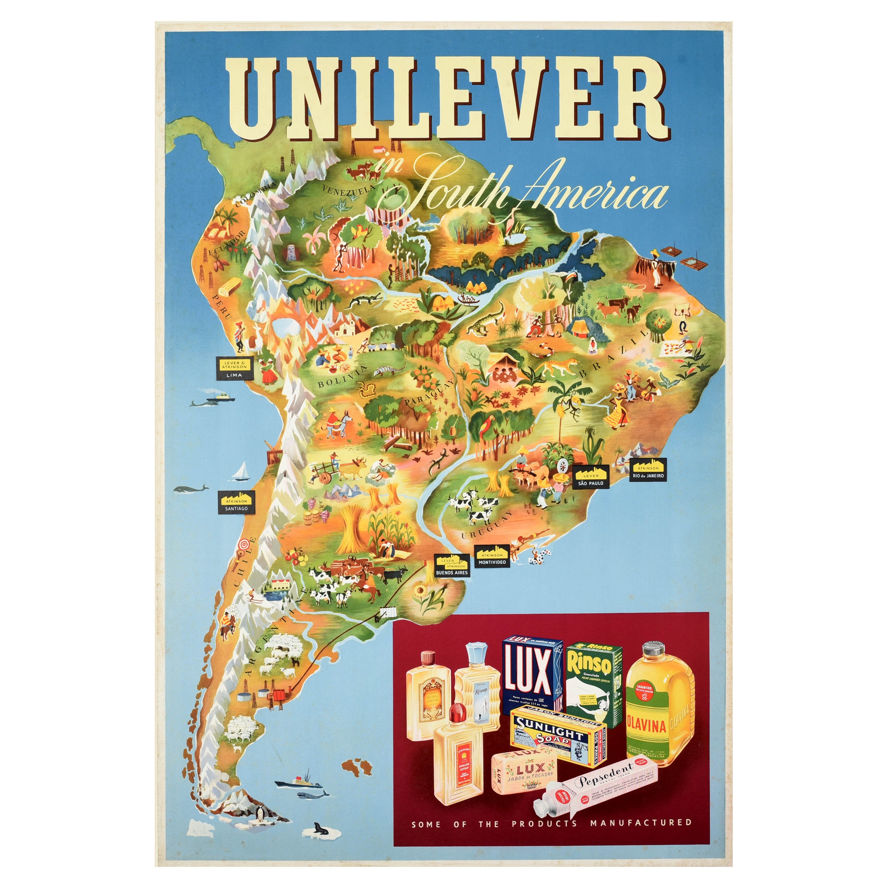 Original Vintage Advertising Poster Unilever South America Illustrated Map Art For Sale