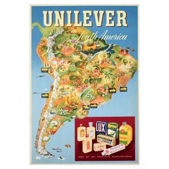 Affiche publicitaire originale vintage d'une ingnieuse carte d'Amrique du Sud illustre