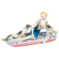 Vintage Art Nouveau Ceramic Sculpture, Attributable to Lenci, Woman with Greyhounds, 30s