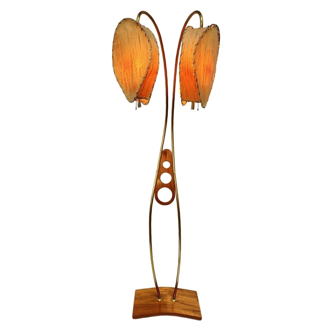 Mid Century Walnut and Brass Floor Lamp with Whipstitch Fiberglass Lamp Shades For Sale