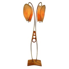 Mid Century Walnut and Brass Floor Lamp with Whipstitch Fiberglass Lamp Shades