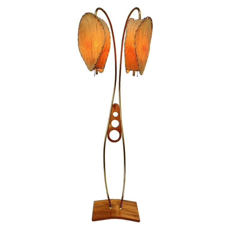 Mid Century Walnut and Brass Floor Lamp with Whipstitch Fiberglass Lamp