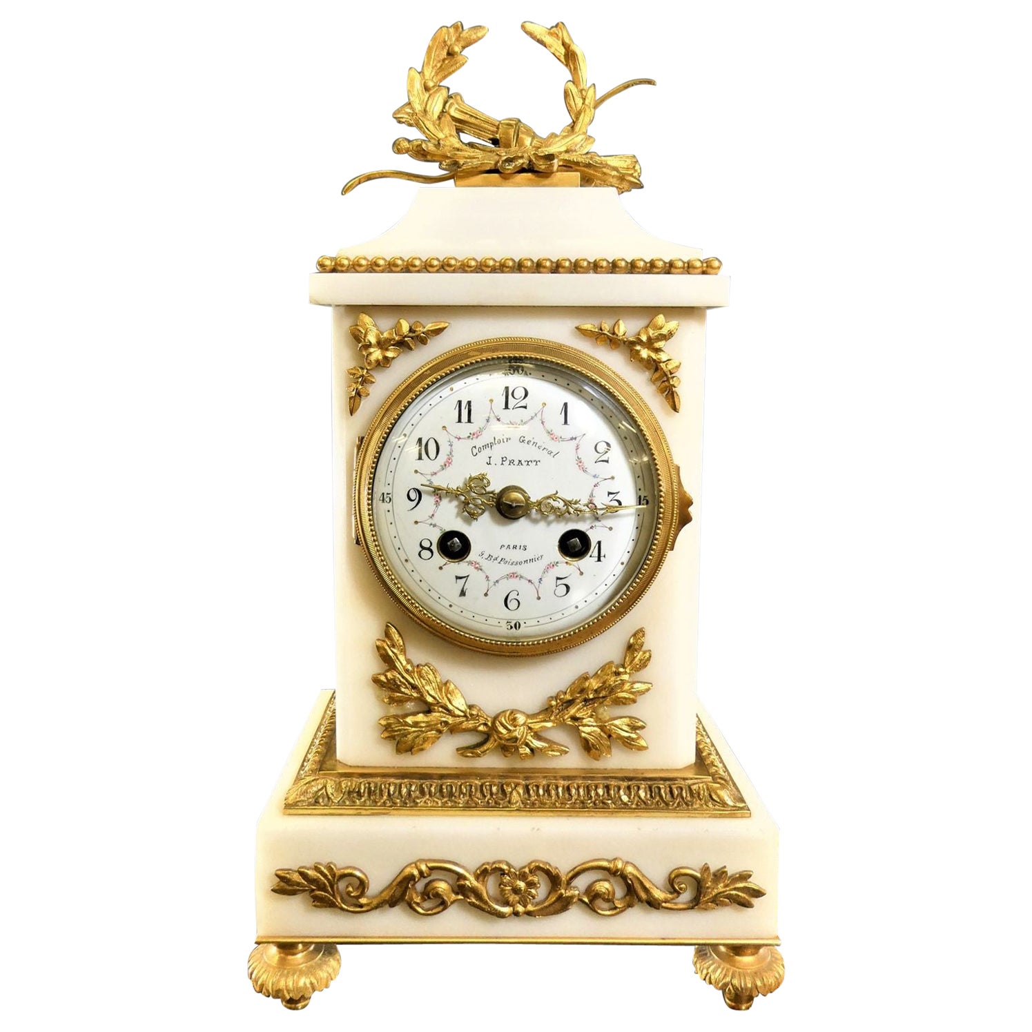 French White Marble and Ormolu Mantel Clock by Samuel Marti For Sale