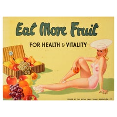 Original Vintage Food Advertising Poster Eat More Fruit Pin-Up Health Vitality