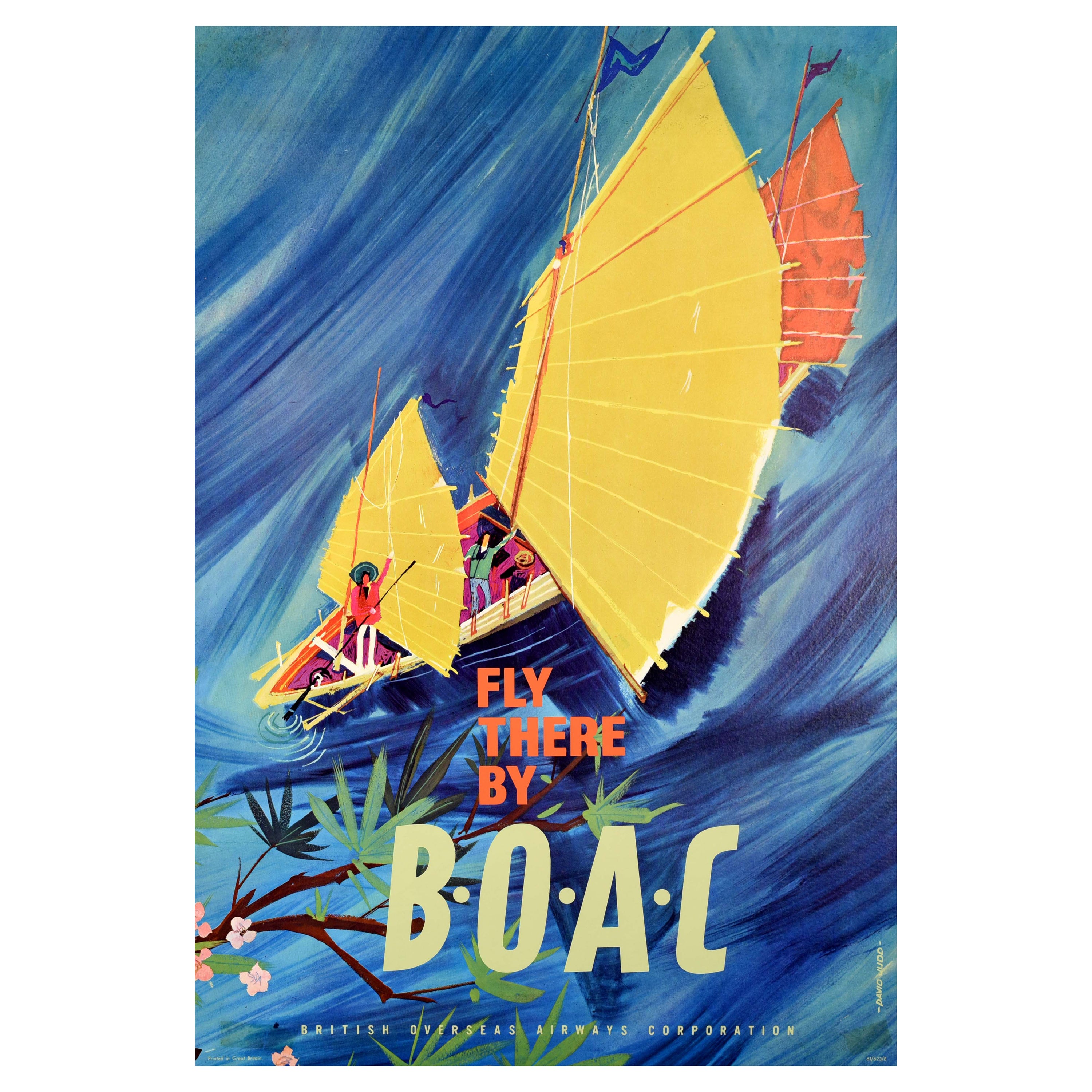Affiche rtro originale de voyage Fly There par BOAC Airline, Asie d'Extrme-Orient, Bateau Junk en vente