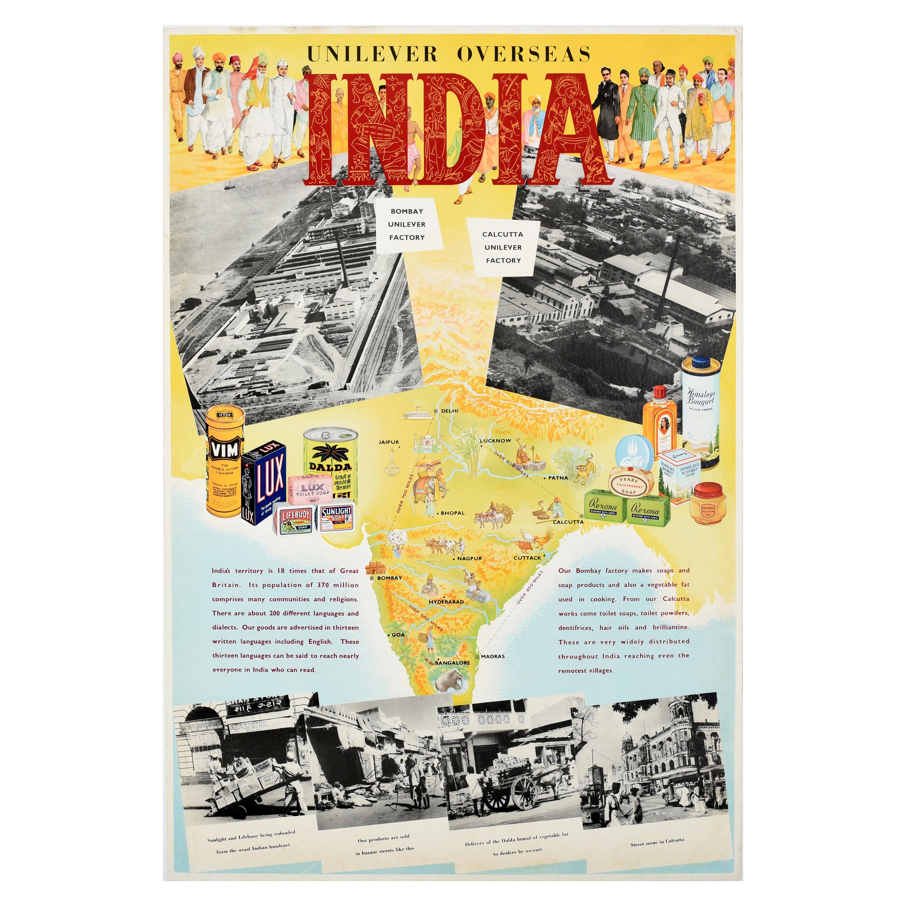 Affiche publicitaire originale et originale d'une carte illustrée d'Inde à l'étranger