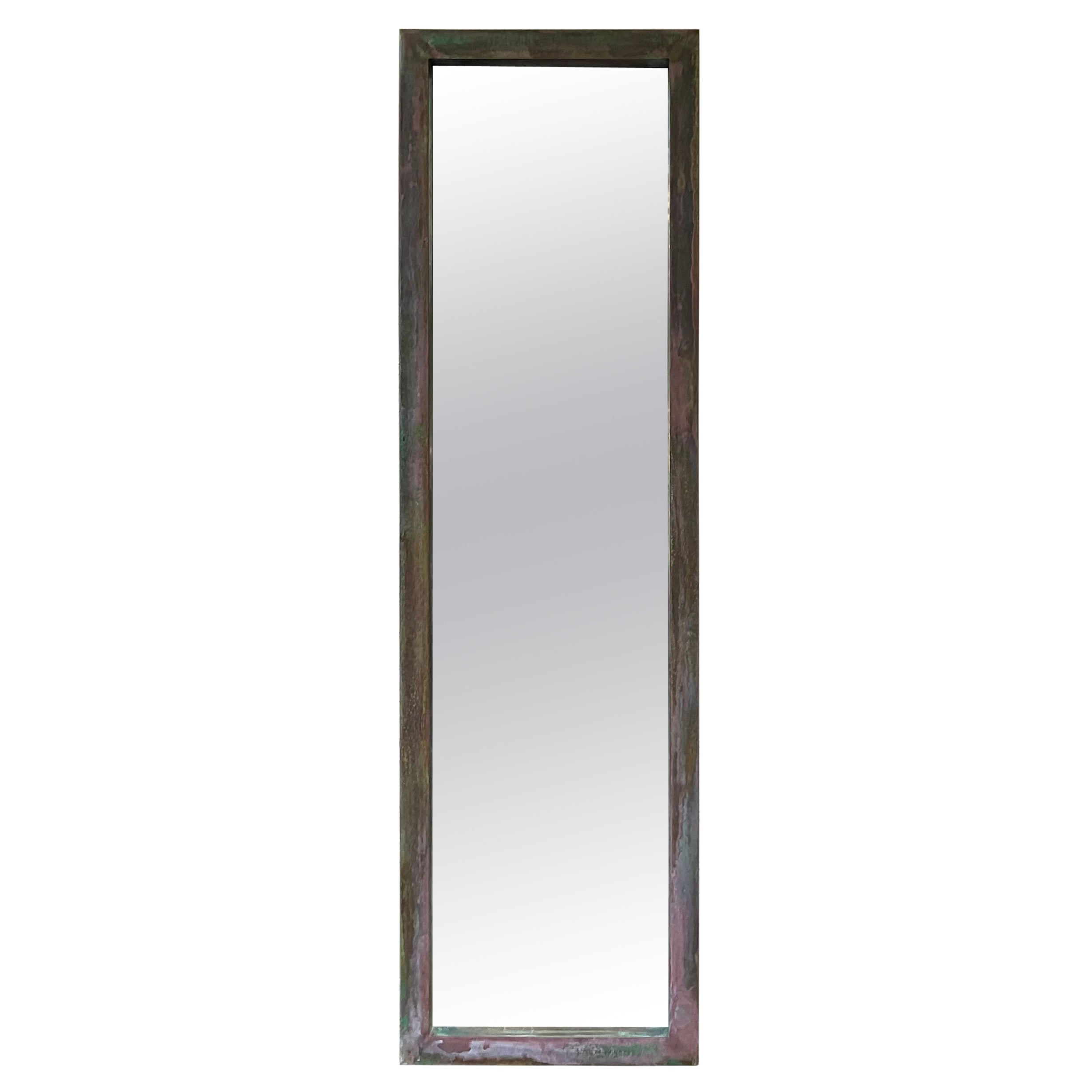 One of Kind Narrow Architectural Rectangular Brass Mirror For Sale