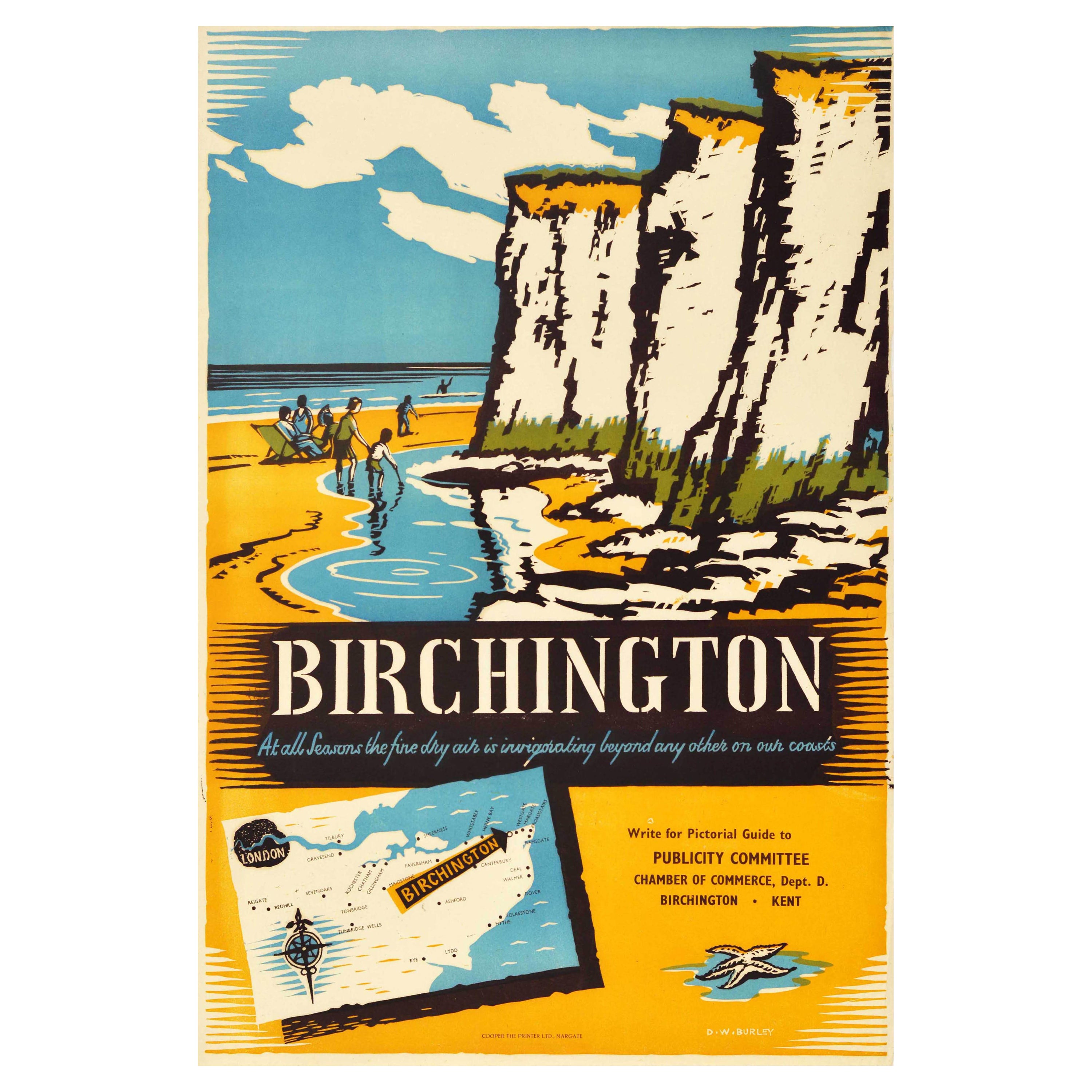 Original Vintage Travel Poster Birchington Kent Beach Sea Wall England Design For Sale