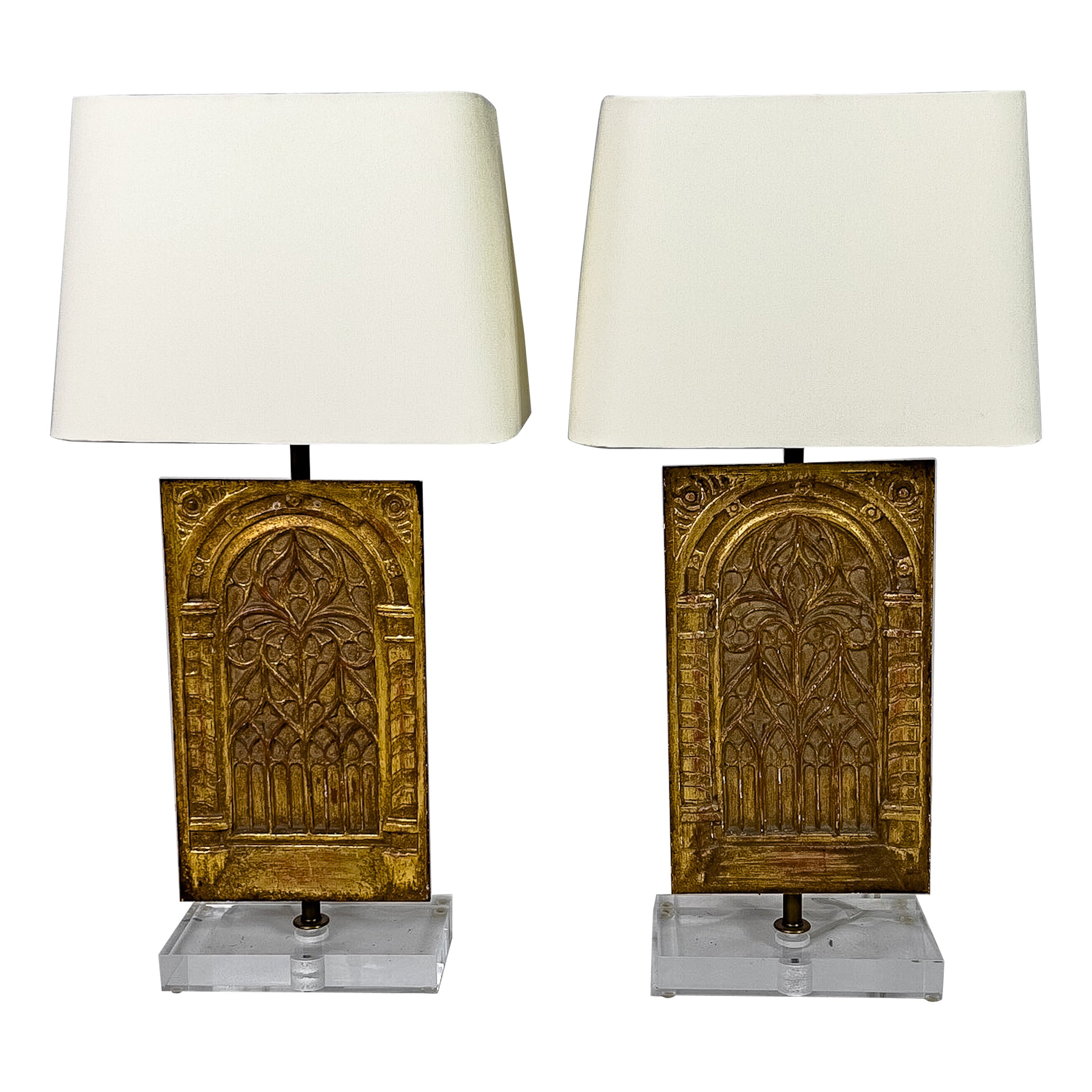Ein Paar Architekturfragmente aus Giltholz aus dem 19. Jahrhundert, montiert als Tischlampen