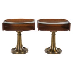 20th Century Italian Pair of Walnut Nightstands - Retro Glass Bed Side Tables