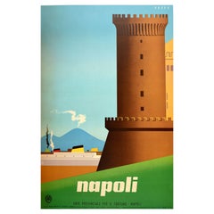 Affiche de voyage vintage d'origine Napoli Castel Nuovo Golfe de Naples Mont Vsuve