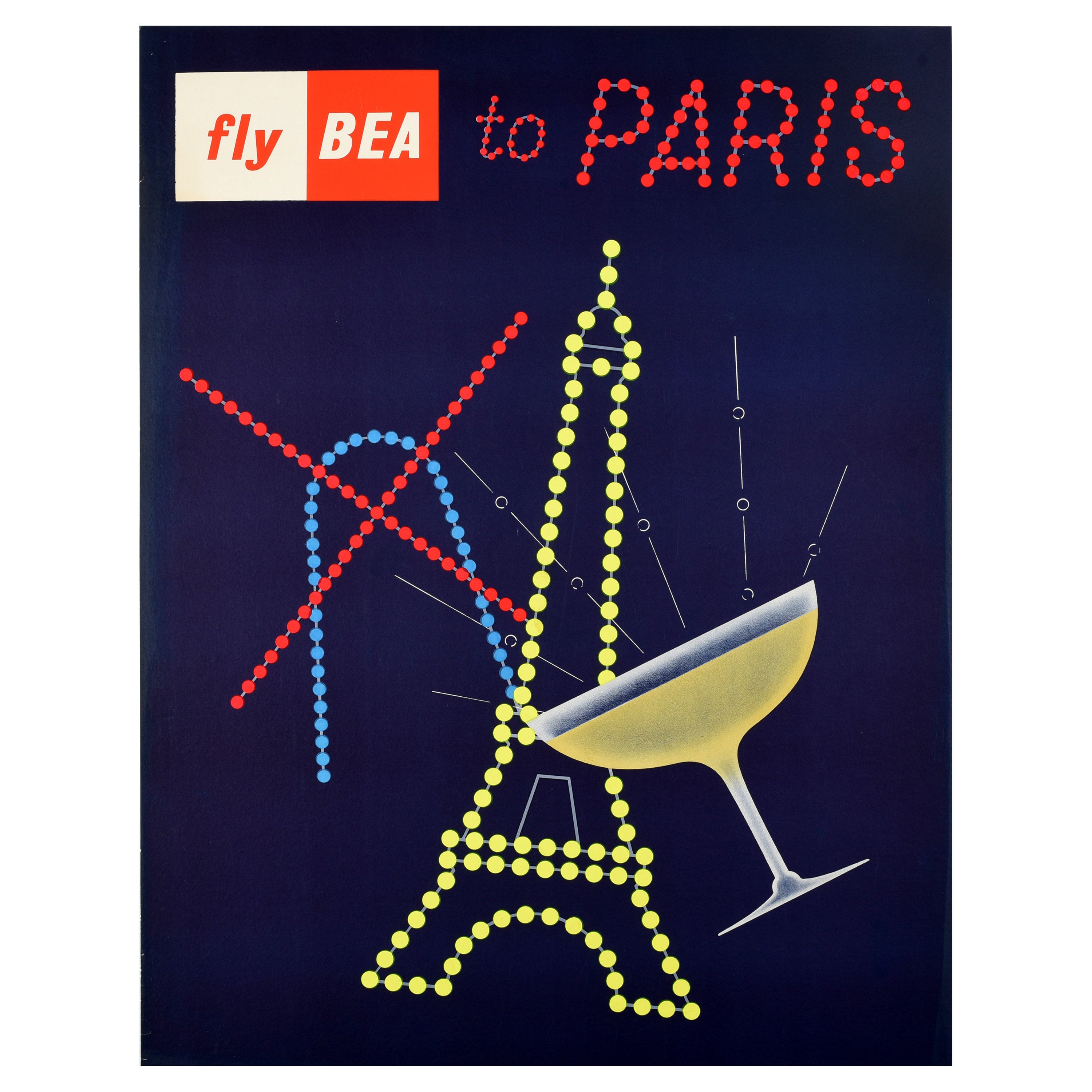 Affiche vintage originale, Fly BEA To Paris, Tour Eiffel, Champagne, Montmartre, Art en vente