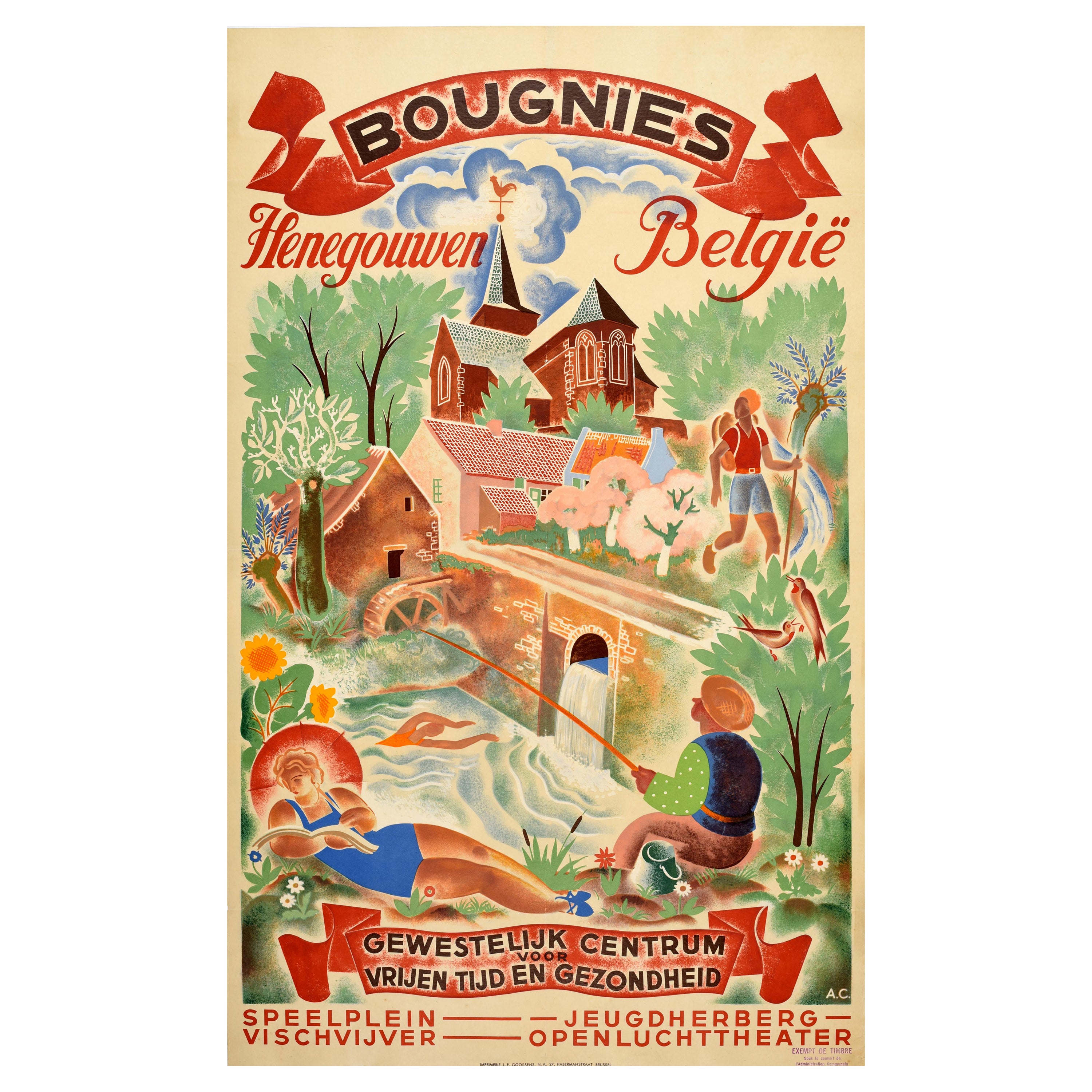 Affiche de voyage vintage originale de Bougnies Henegouwen, Belgique, Sports et loisirs en vente