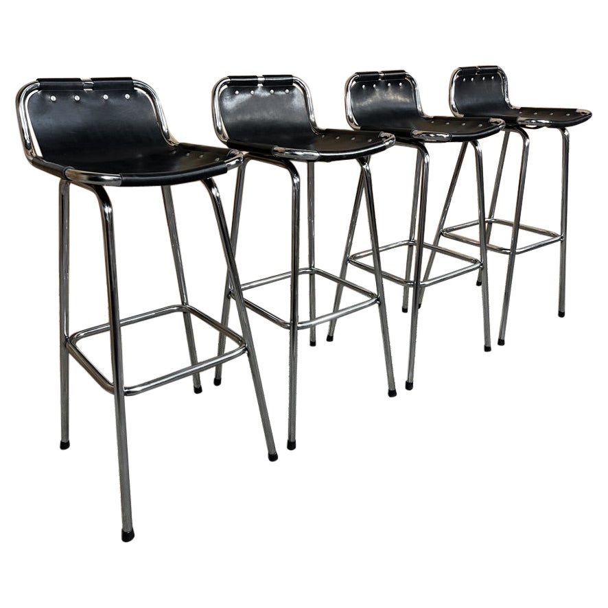 Vintage Four Black Leather Stools Selected by Charlotte Perriand for Les Arcs For Sale