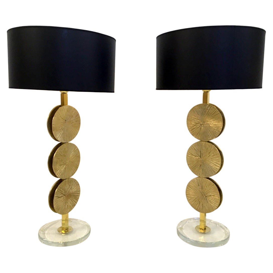 Pair of Contemporary Brass and Murano Glass Table Lamps