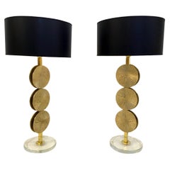 Pair of Contemporary Brass and Murano Glass Table Lamps