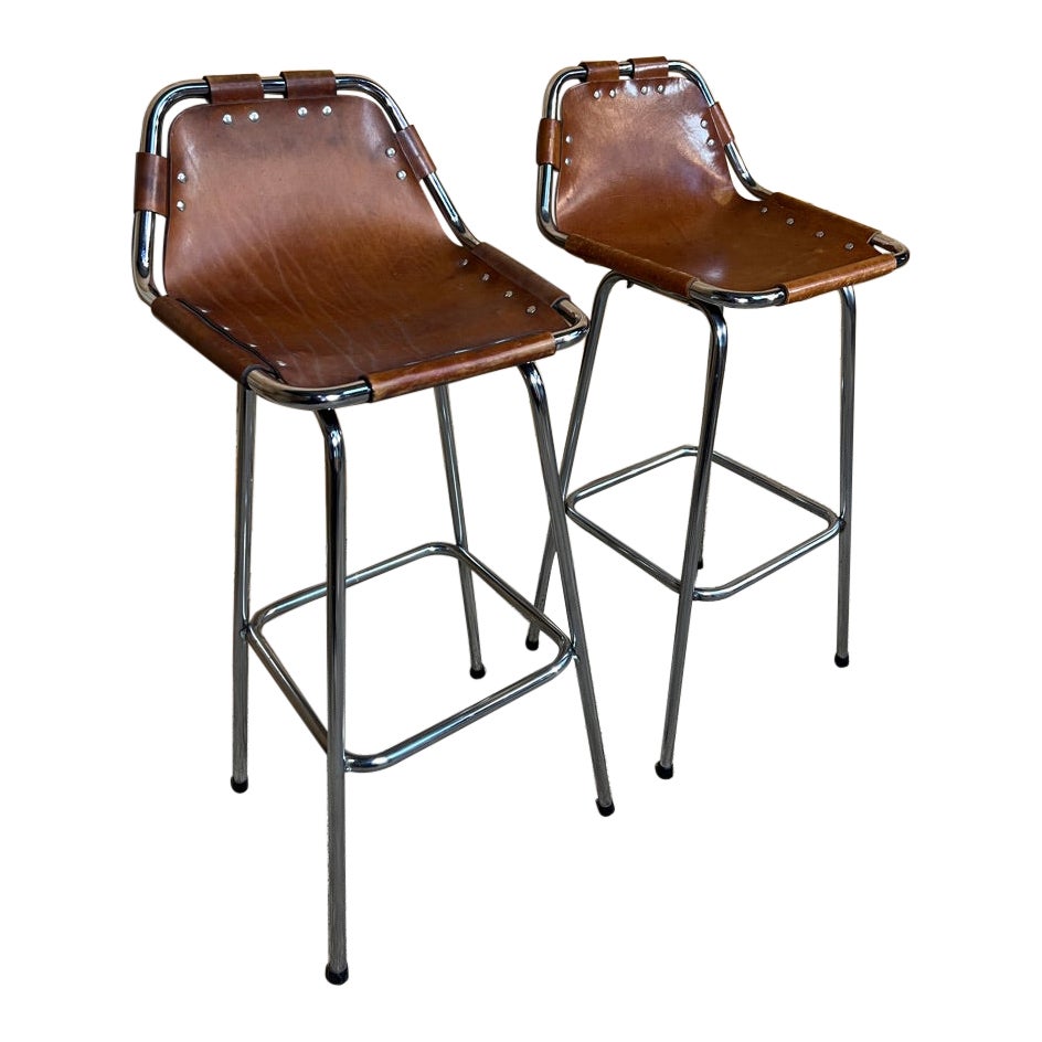  Vintage Two Original Leather Selected by Charlotte Perriand Stools for Les Arcs For Sale