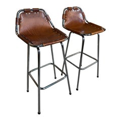  Vintage Two Original Leather Selected by Charlotte Perriand Stools for Les Arcs