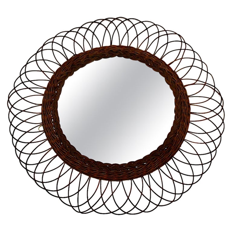 MidCentury Modern Vintage Brown Willow Circular Sunburst Wall Mirror