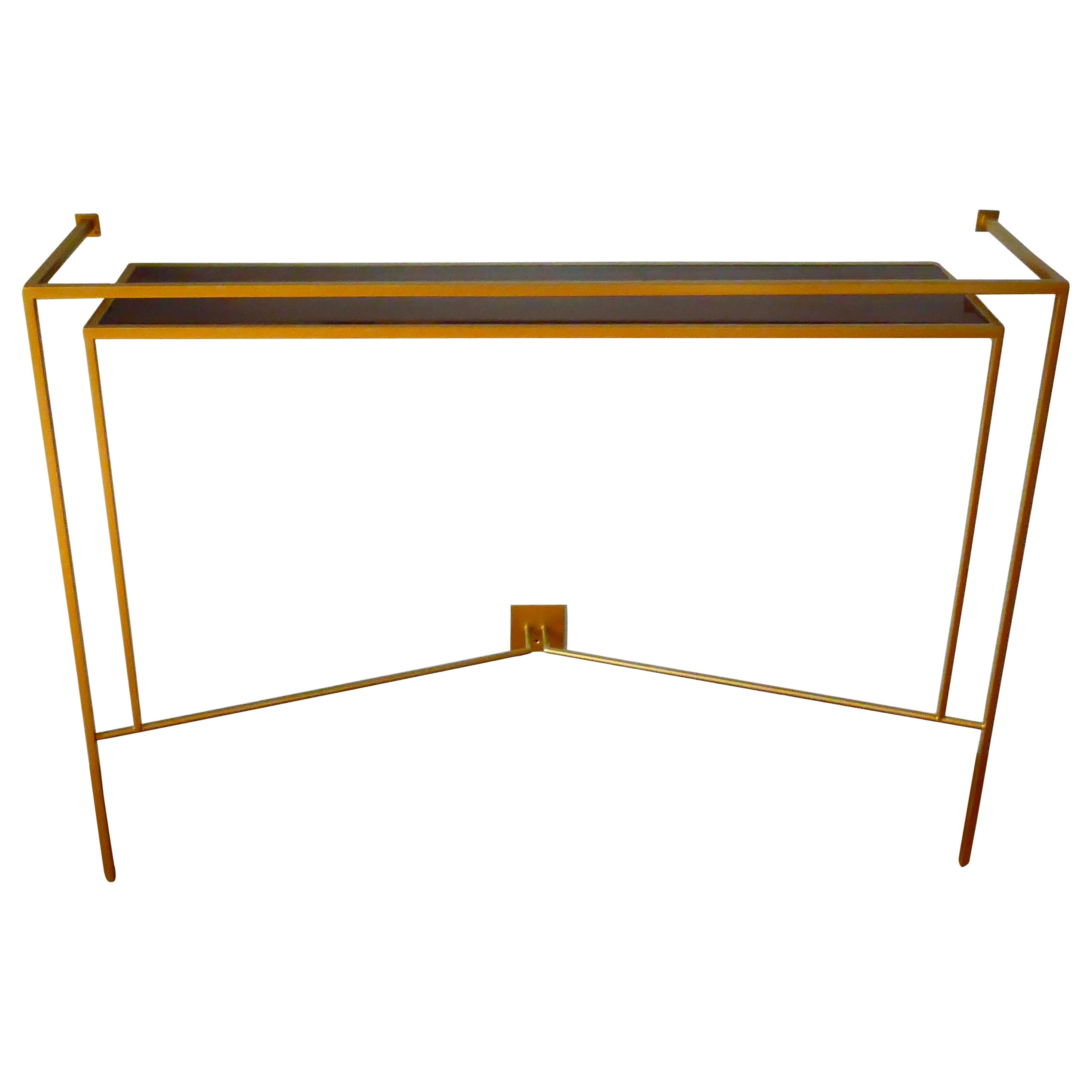 Console in Gold, Bronze Brass Patina with One Walnut Shelve by Aymeric Lefort For Sale
