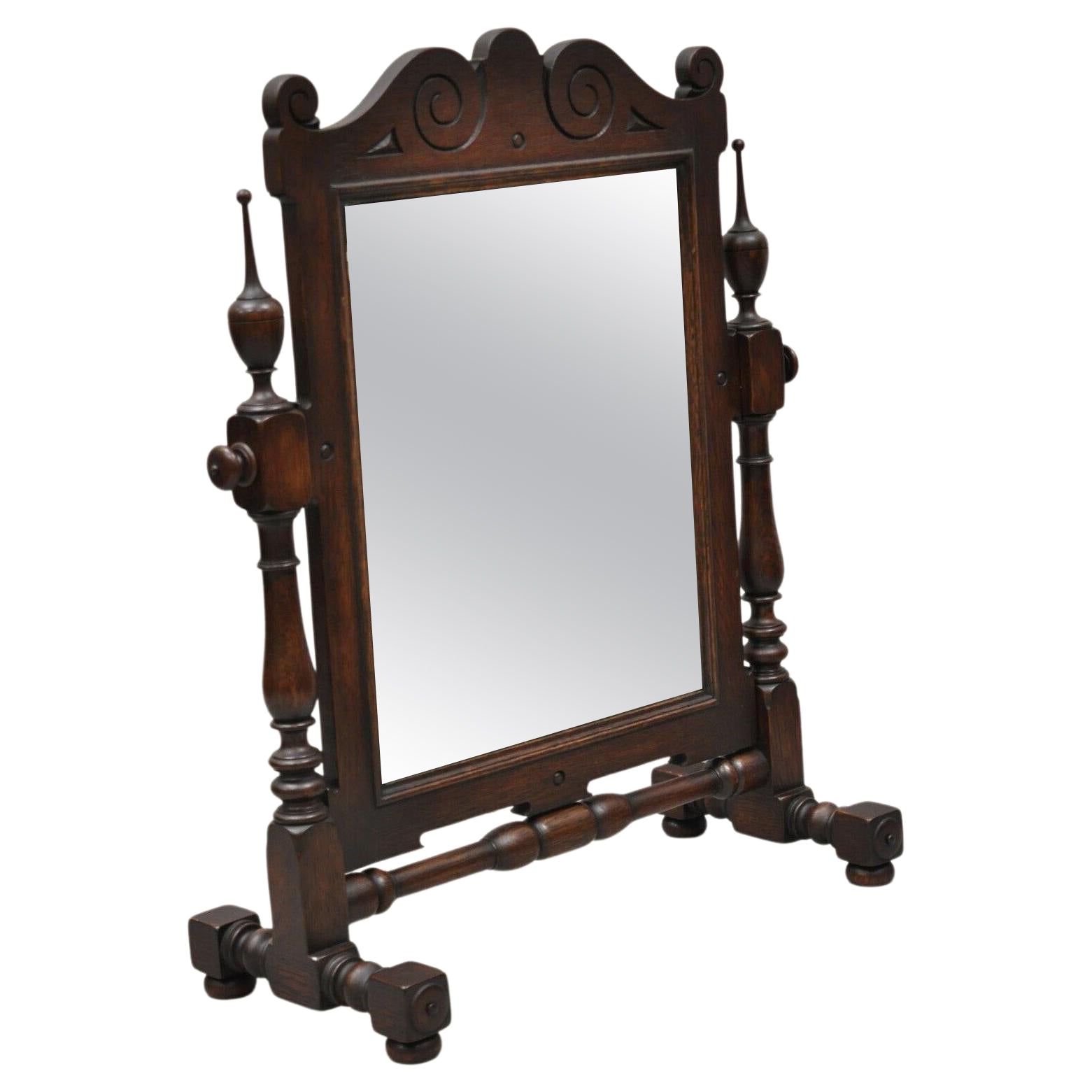 Antique Jacobean Style Oak Wood Pivoting Dresser Shaving Mirror For Sale