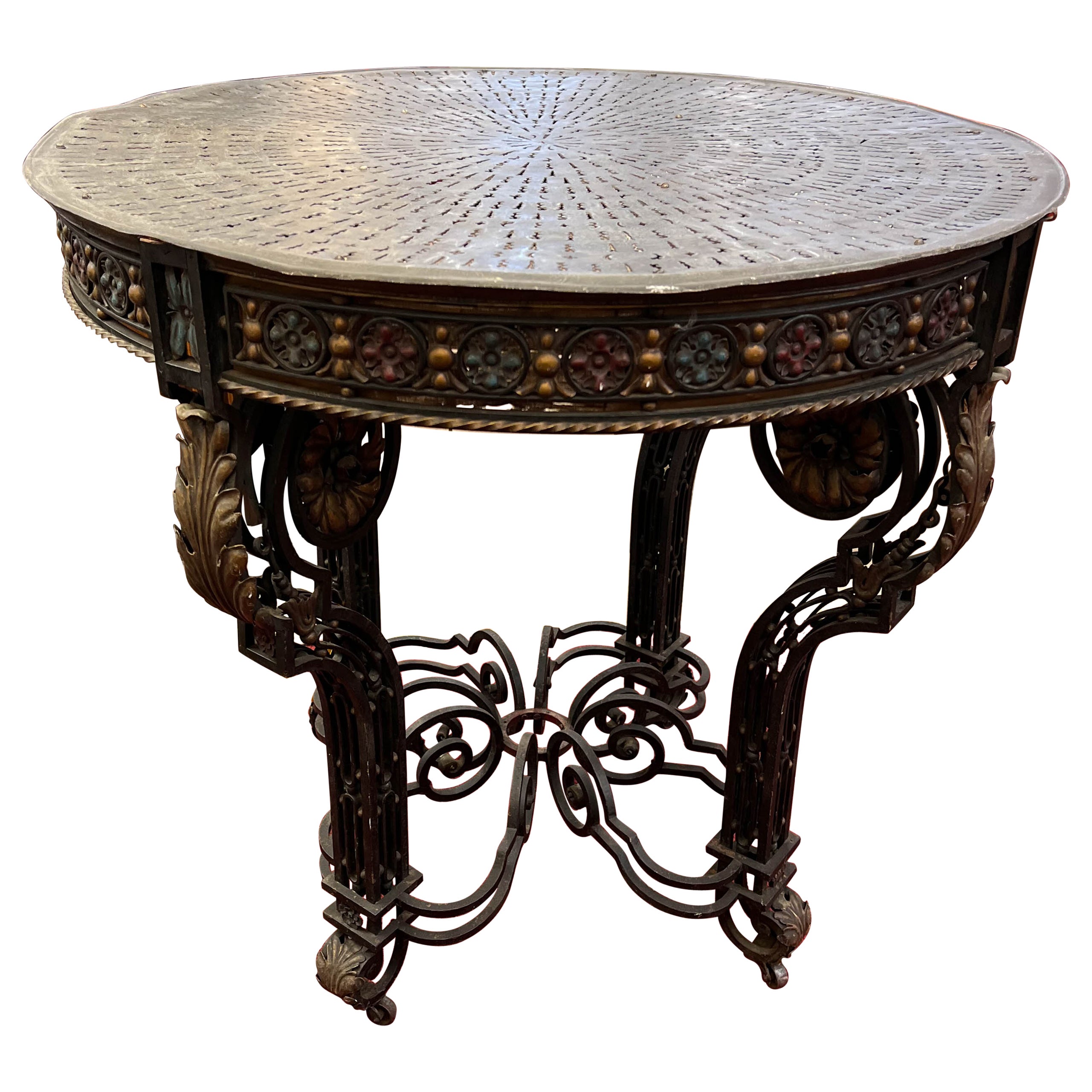19th Century Wrought Iron 32 Inch Round Table With Built-In Light