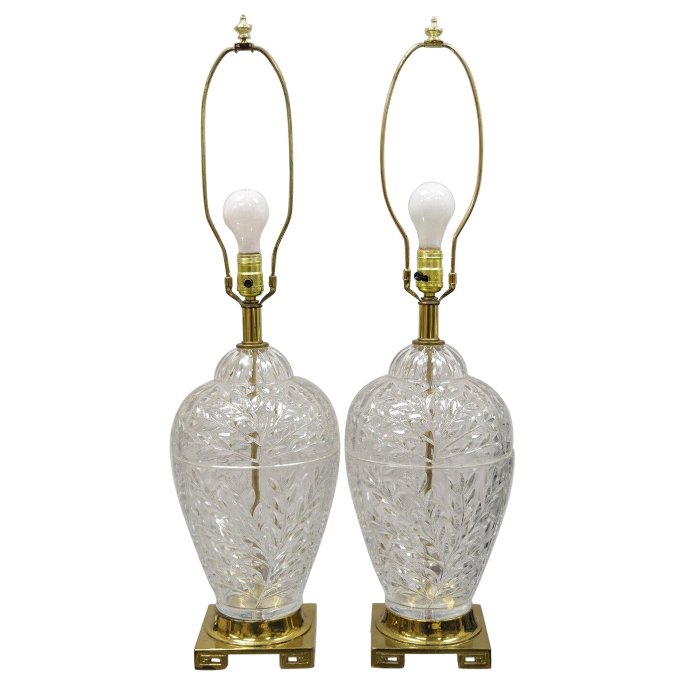 Pair Vtg French Style Cut Crystal Glass Bulbous Table Lamps Brass Greek Key Base