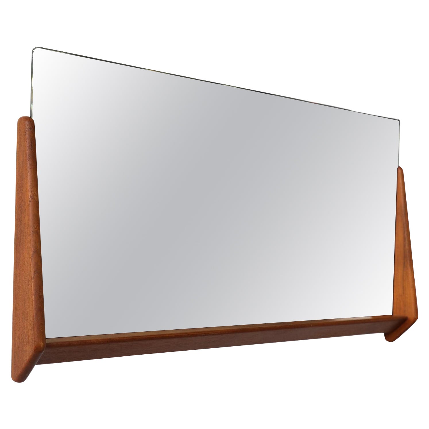 Mid-Century Wall Mounted Mirror w/ Rounded Triangular Teak Frame & Lower Lip For Sale