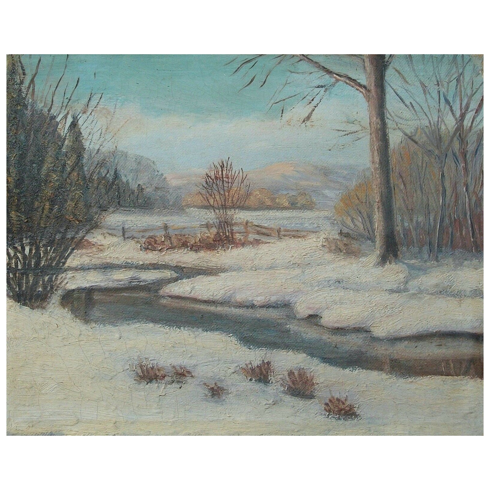 Peinture à l'huile d'un paysage d'hiver de l'école canadienne, non signée, encadrée, début du 20e siècle