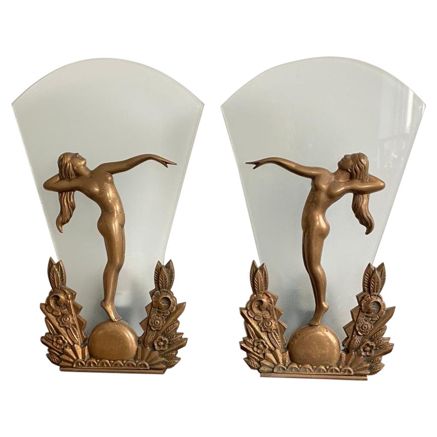 Pair of Danish Bronze and Frosted Glass Art Deco Wall Scones For Sale
